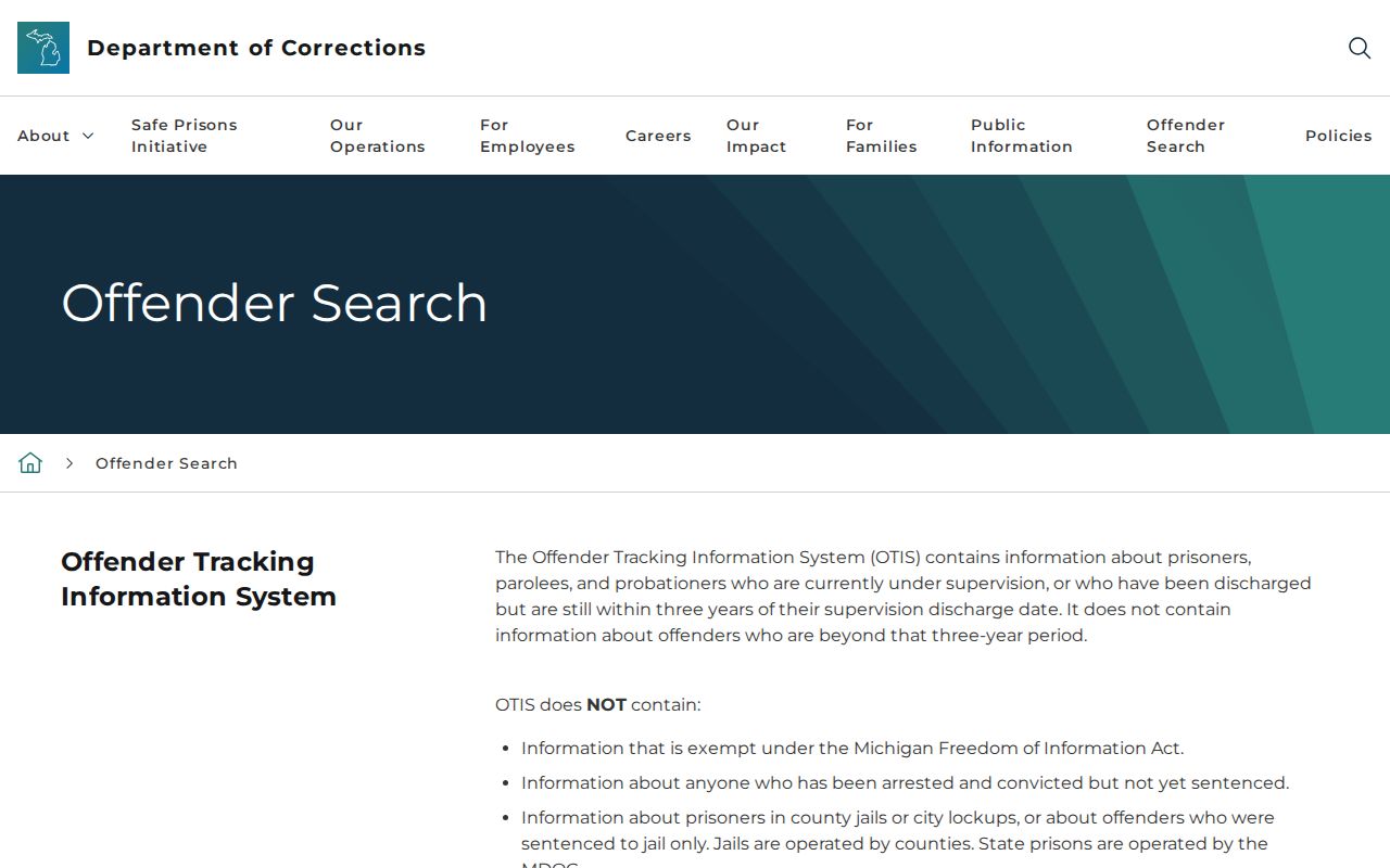 Michigan OTIS offender search entry page