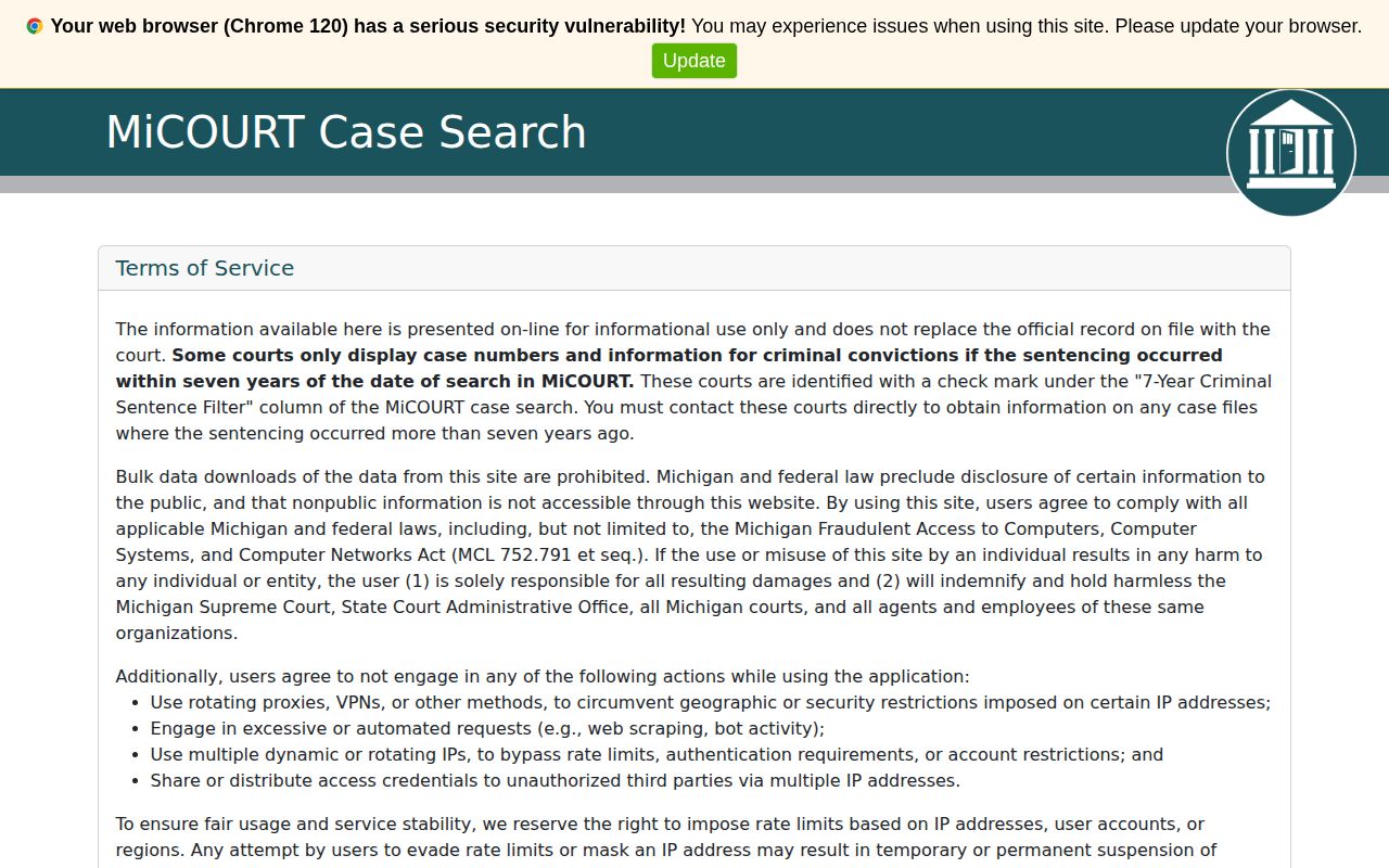 Michigan MiCOURT public case search interface