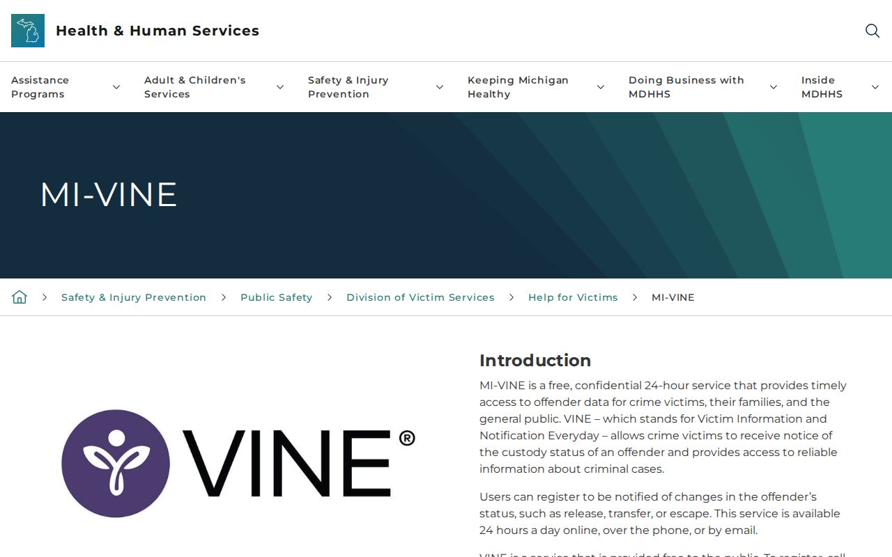 Michigan MI-VINE custody notification information