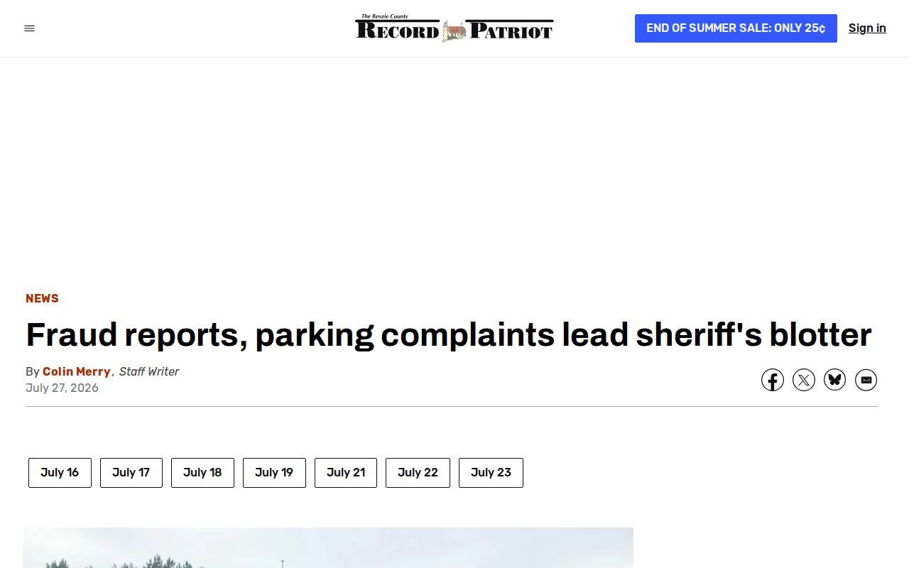 Benzie County Sheriff activity log crime news example