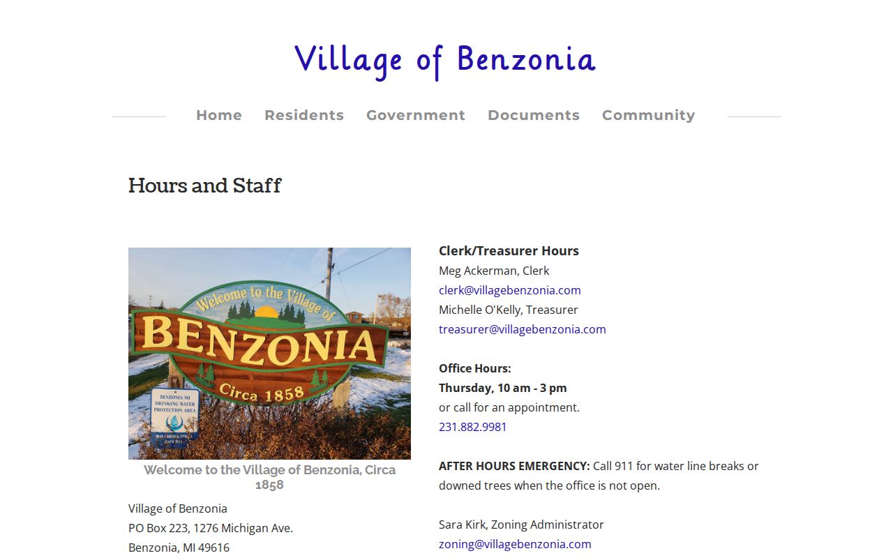 Benzonia village staff page for arrest record routing